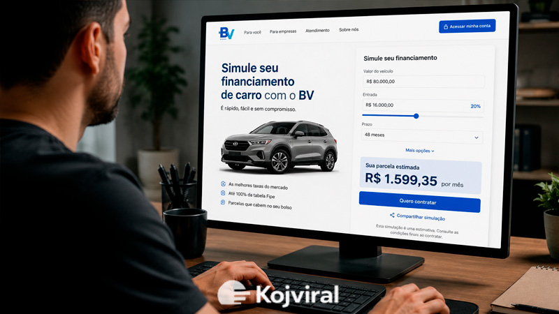 Simulador de financiamento de carros BV ajuda a calcular parcelas, entrada e condições antes da contratação 🚗